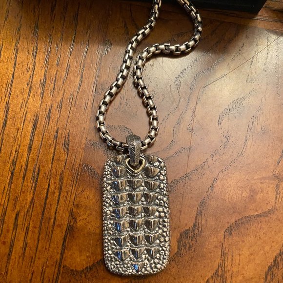David Yurman Sterling 925 and 18K Dog Tag Pendant with Box Chain Necklace - Picture 6 of 15